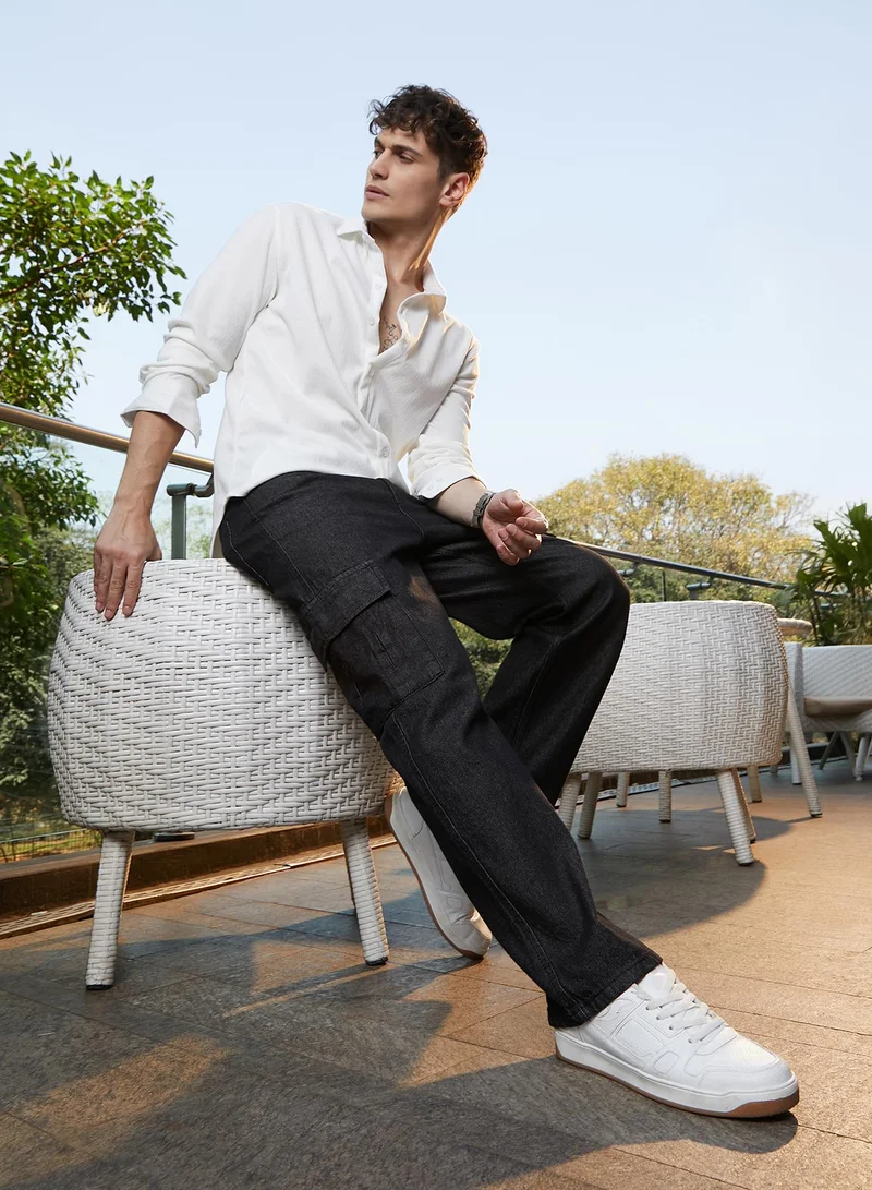 Campus Sutra  Men's Midnight Black Dark-Wash Cargo Denim Jeans For Casual Wear | Mid-Rise | Straight Fit | Button Closure | Denim Jeans Crafted With Comfort Fit For Everyday Wear for Men | Best Price UAE